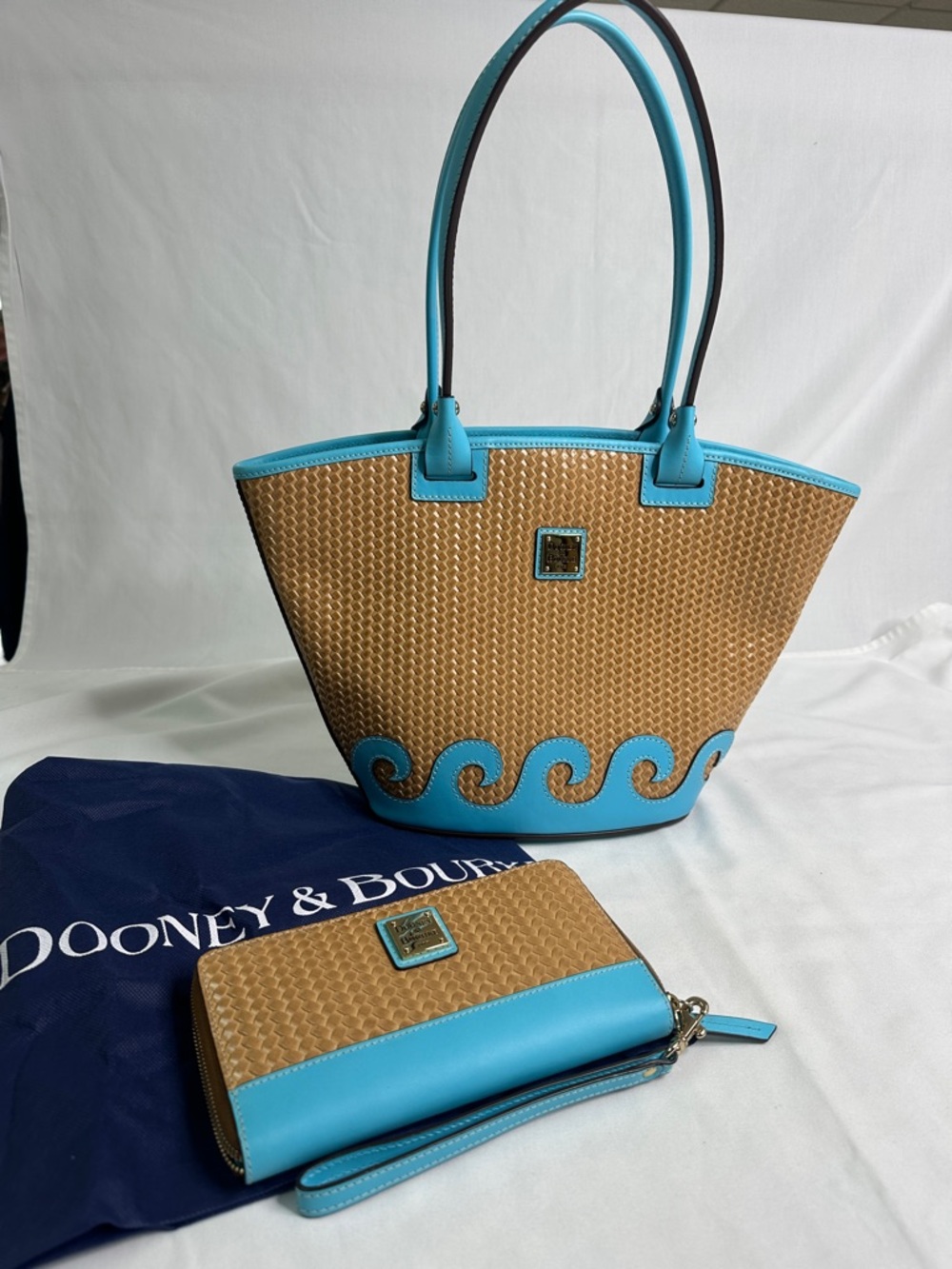 Dooney & Bourke Turquoise-Trim Woven Straw Tote